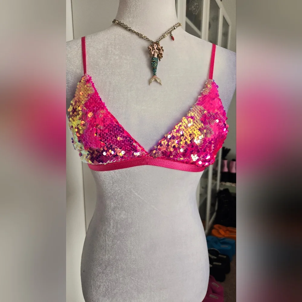 Dolls Kill - Club Exx - Hot Pink Pixie Playroom Sequin Bra - Picture 1 of 5